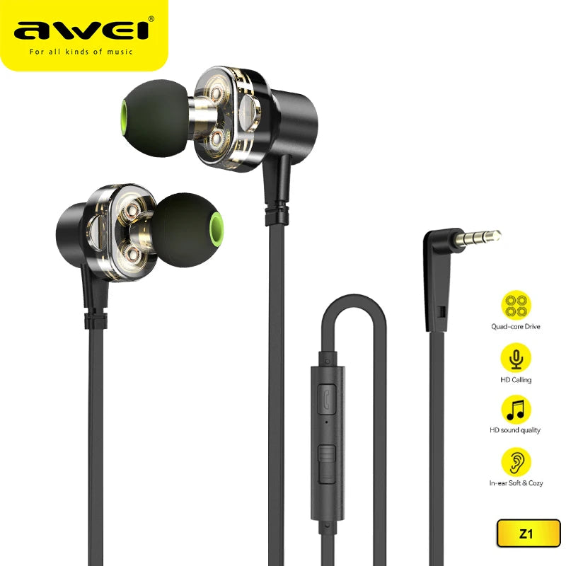 Awei Z1 Dual Drivers Wired In-ear Earphone Deep Bass Stereo with Mic